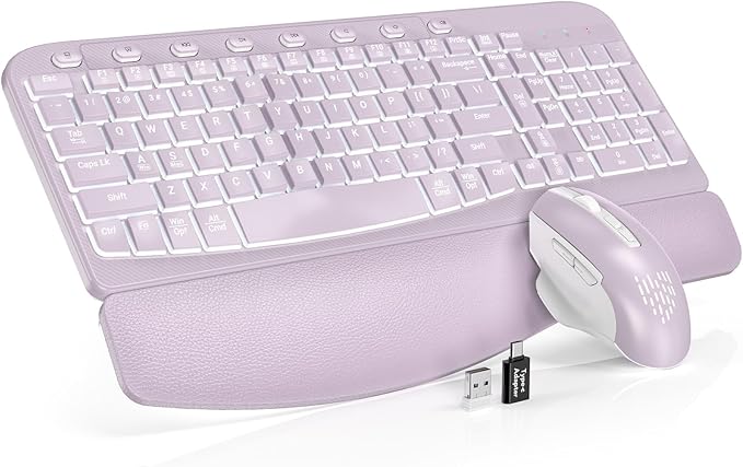 SABLUTE Ergonomic Wireless Keyboard and Mouse Combo - Wave Keyboard with Soft Leather Wrist Rest, Resistant Keys, RGB Backlit Rechargeable Set for PC/Mac/Chromebook (Lavender Purple)