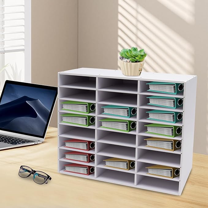 24 Slot Paper Organizer 24 Compartment Classroom Mailbox Adjustable Mail Sorter Desktop File Sorter, Paper Trays for Classroom, Office, Home (White)