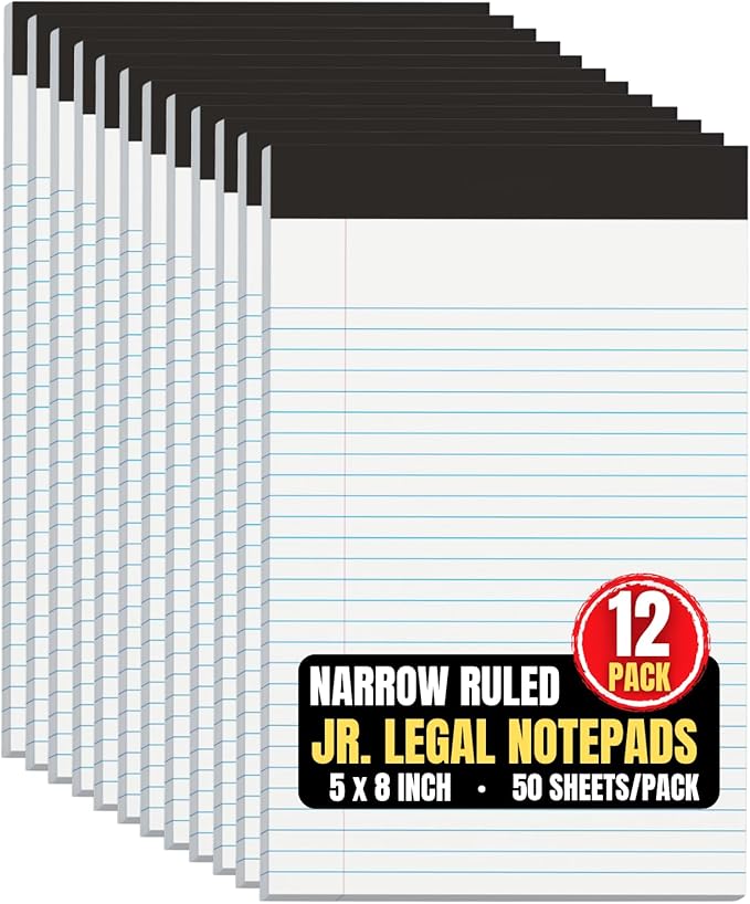 1InTheOffice Jr Legal Pads,Small Legal Notepads, 5" x 8", Narrow Ruled Note Pad, White, 50 Sheets/Pad, 12 Pads/Pack