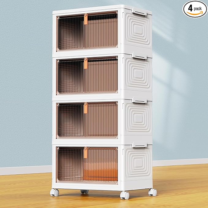 4 Tier Plastic Storage Bins with Lid 23QT, Stackable Storage Containers with Wheels, Folding Storage Boxes, Collapsible Storage Bins, Closet Organizers and Storage for Living Room