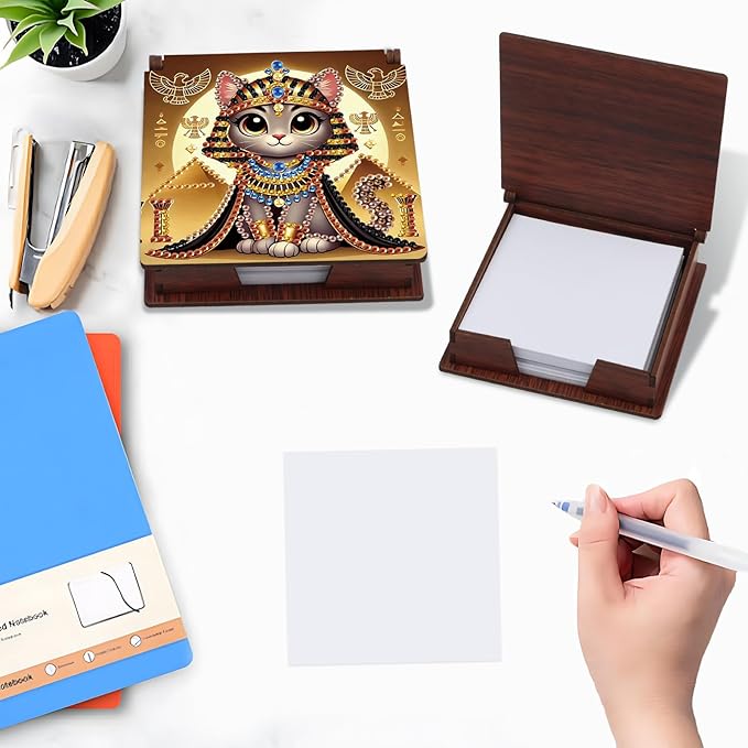 Wooden DIY Egyptian Cat Diamond Art Notecard Box – DIY Gem Art Sticky Note Holder for Adults 160 Sheets Memo Pad Storage