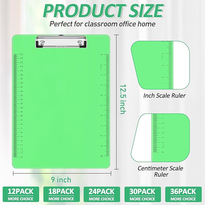 Plastic Clipboards, PANDRI 12 Pack Clear Colored Clipboards, Low Profile Clip Board 12.5 x 9 Inch Standard Letter Size, Office Supplies Classroom