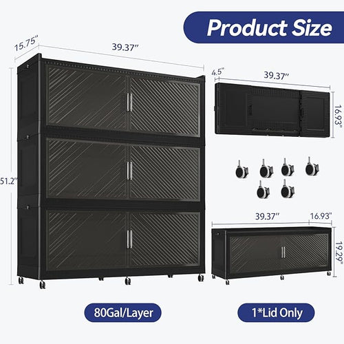 240 Gallon Extra Large Collapsible Storage Bin with Lid, 960QT Stackable Plastic Organizer with 6x Wheels, Foldable Drawer Cabinet for Closet, Living Room Office, Kitchen 3Pack, Black