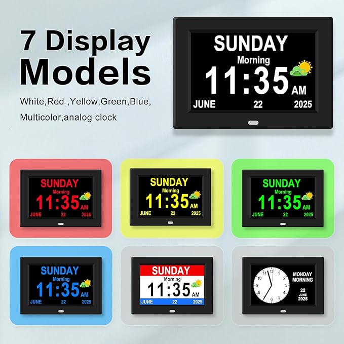 10'' Large Display Digital Alarm Clock for Seniors Date Day of Week Electric Digital Clocks 12 Alarms 4 Colors Desk Calendar Clocks for Memory Loss Alzheimers Clock Auto DST/Dimmer