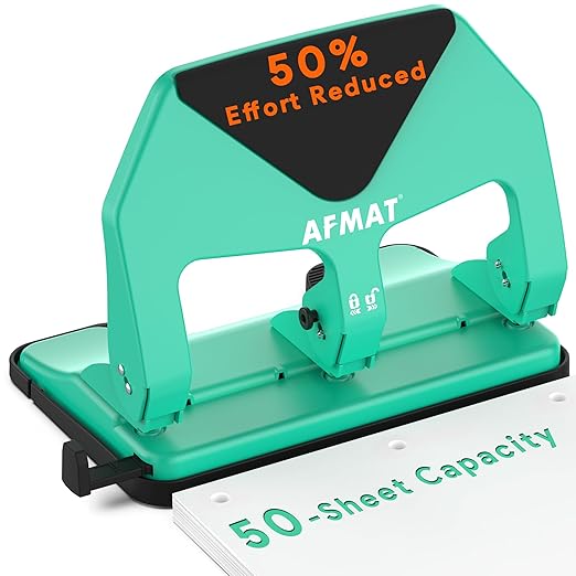 AFMAT Heavy Duty 3 Hole Punch, 50-Sheet Capacity, 50% Reduced Effort Three Hole Puncher for Binder, 10K+ Uses, Large Chip Tray, Adjustable Paper Guide, Office Metal Paper Puncher 3 Ring HP20(Green)