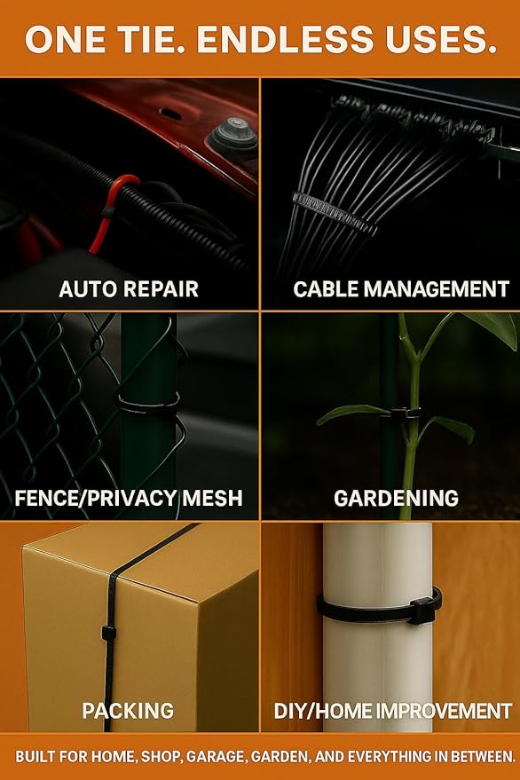 12 inch Black Cable Ties, UV resistant, Self-locking, Multi-purpose Nylon Heavy Duty Zip Ties, Wire Ties for Professionals, Office, Home, Garden, and Cable Management by Nirah