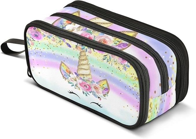 Unicorn Rainbow Flower Pencil Case Box Boys Girls Large Pencil Pouch with Zipper Compartments Big Capacity Stationery Pen Bag Organizer for Kids Teens Adults School