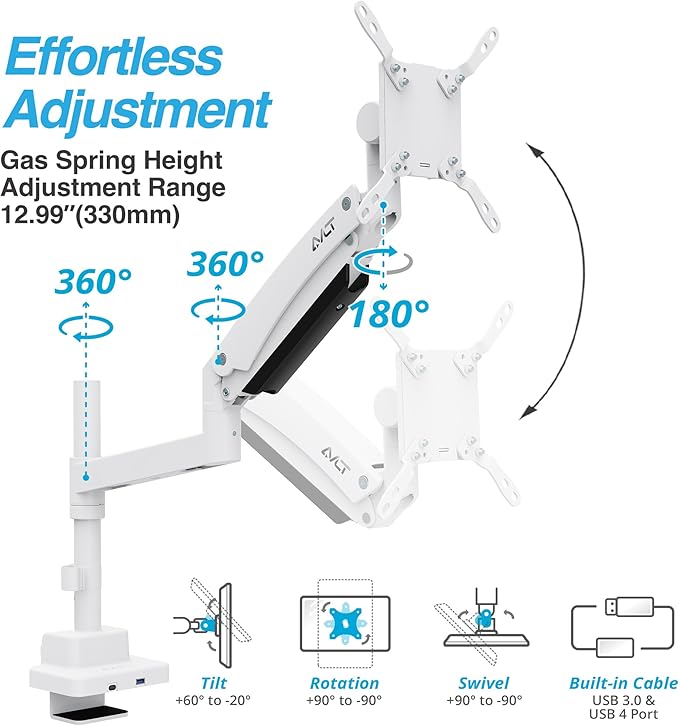 AVLT Single 57 Inch Heavy Duty Monitor Arm Pole Top Mount with USB-C USB-A Ports-White, Height Adjustable, Easy Install Top C-Clamp/Grommet with Reinforcement Plates, VESA Compatible 200/100/75