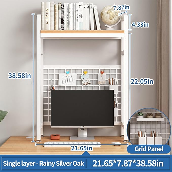 Desk Shelf Bookcase 1-Tier Metal Desktop Bookshelf Hutch with Grid Panel and DIY design possible Multipurpose Storage Organizer Display Rack for Dorm Office Home Computer Desk(White 21.7"×7.9"×38.6")