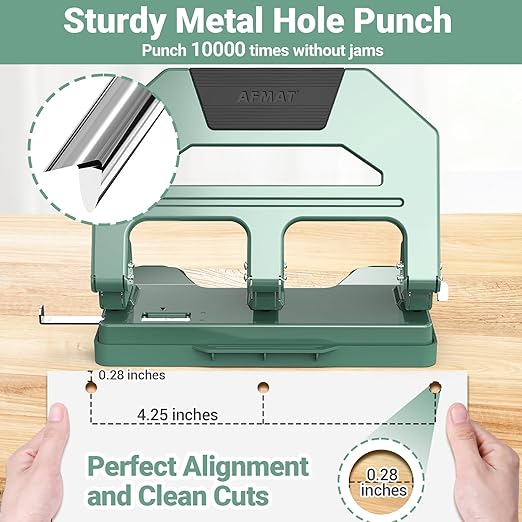 AFMAT Heavy Duty 3 Hole Puncher, 40-Sheet Three Hole Punch Heavy Duty, 50% Reduced Effort Paper Punch, 10K+ Uses, Metal Hole Puncher 3 Ring w/Large Tray, Bulit-in S.S. Paper Guide HPX2(Green)