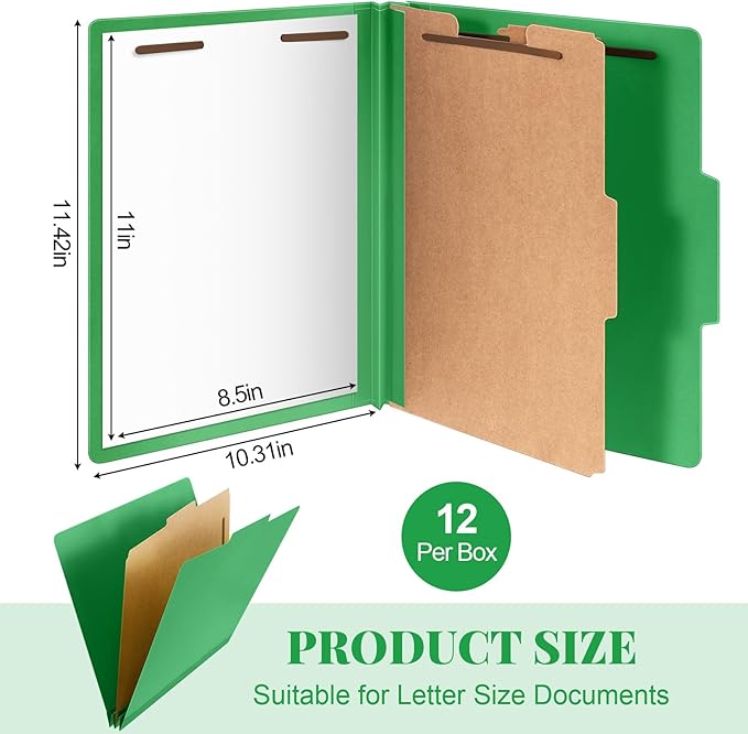 Skyygemm 12 Pcs Classification Folders Letter Size, 1 Divider Pressboard File Folder with Fasteners, Expanding File Organizer Bulk for Teachers, Clergy, Office, Church, Christmas Donations (Green)