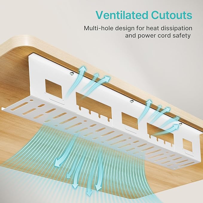 Under Desk Cable Management Tray, 31.5 Inches Metal Cord Organizer Rack, Desk Tray for Power Strip, Cord, Wire, Easy Mounting Cable Management Under Table for Home Office, White