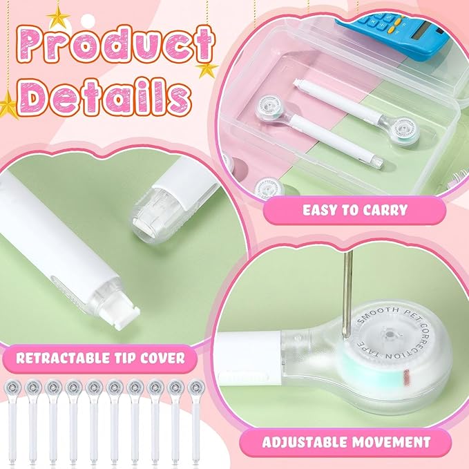 Gersoniel 10 Pack Correction Tape Pen Correctional Ink Tape Push Pull Protective, Easy to Use Applicator for School Office Supplies, 0.2 x 236 Inch(White Color)