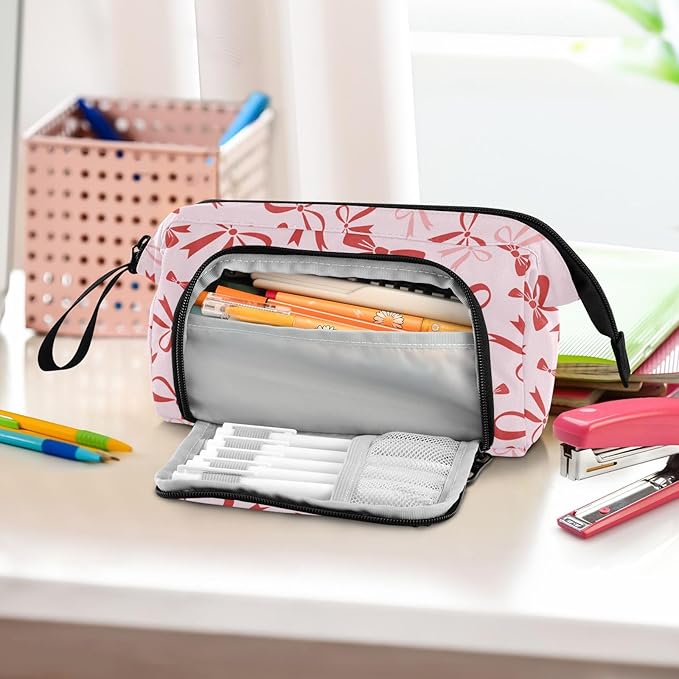 Bow Pink Pencil Case Pouch Big Capacity Pencil Bag Box Organizer Pen Case with Handle Stationery Organizer for Kids Boys Girls Women College Office