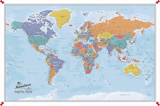 Personalized Canvas Rolled Poster World Map Wall Art with Pins – Large 24" x 36" Blue Oceans Map of the World – Push Pin Travel Decor for Home or Office