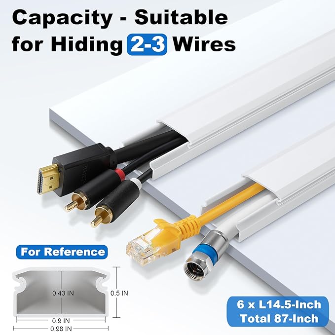 ZhiYo Cord Hider Wall Kit, 87in Cord Cover Wall Mounted TV, Wire Covers for Cords, Paintable Wire Hiders for TV On Wall, TV Cable Hider Wall Kit, Wall Cord Concealer, 6 x L14.5in W0.98 H0.5in, White