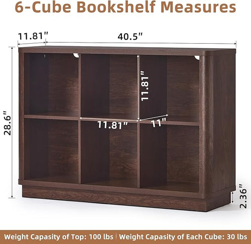 6 Cube Storage Bookcase, 40" Wide Low Horizontal Book Shelf with Curved Edge, Wood Floor Standing 2-Tier Bookshelf with Base, Farmhouse Short Book Case for Bedroom, Living Room, Office, Walnut