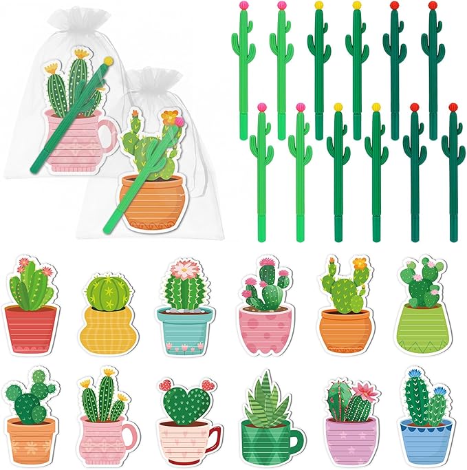 12 Sets Cactus Sticky Notes and Cactus Shaped Ballpoint Pens, Cute Self-Stick Notepads Plant Memo Pads for Office Supplies Party Favors, Christmas Gifts for Coworkers Teachers