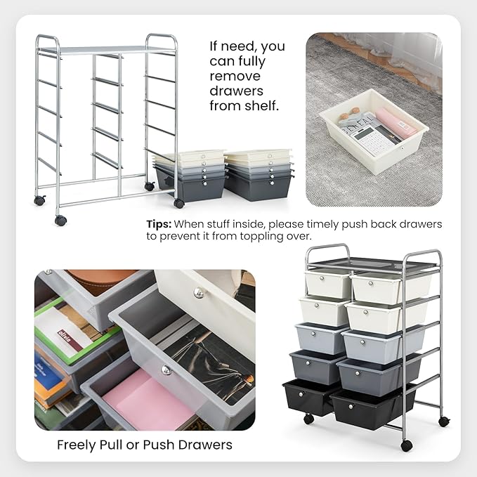 Giantex 10 Drawers Rolling Cart, Classroom Organizers, Storage Cart with Wheels, for Teacher Office Home School Supplies Tool Craft Art Paper, Gray Gradient