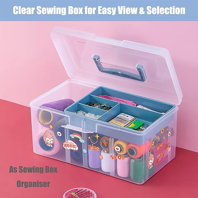 Clear Plastic Arts & Craft Supplies Organizer Box Large with a Removable Tray & A Partition & Handle, Office Home School Desktop Stationery Storage Box, Medicine Box (Clear & Ocean Blue)