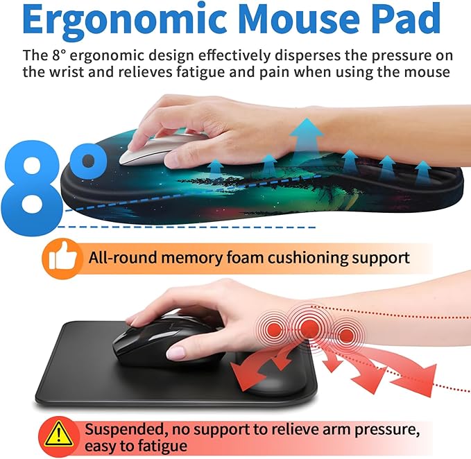 YIWEI Ergonomic Mouse Pad with Wrist Rest - Comfortable Office Mousepad with Memory Foam Wrist Support for Carpal Tunnel Relief, Mouse Pads with Non-Slip Base for Gaming and Home (Aurora-1)