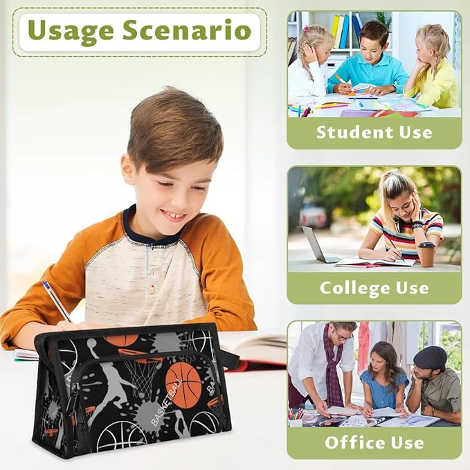 Pardick Large Capacity Pencil Case Pouch, Basketballs Portable Zipper Pencil Cases Pencil Bag Office Stationery Bag Makeup Bag Desk Organizer for Women Men