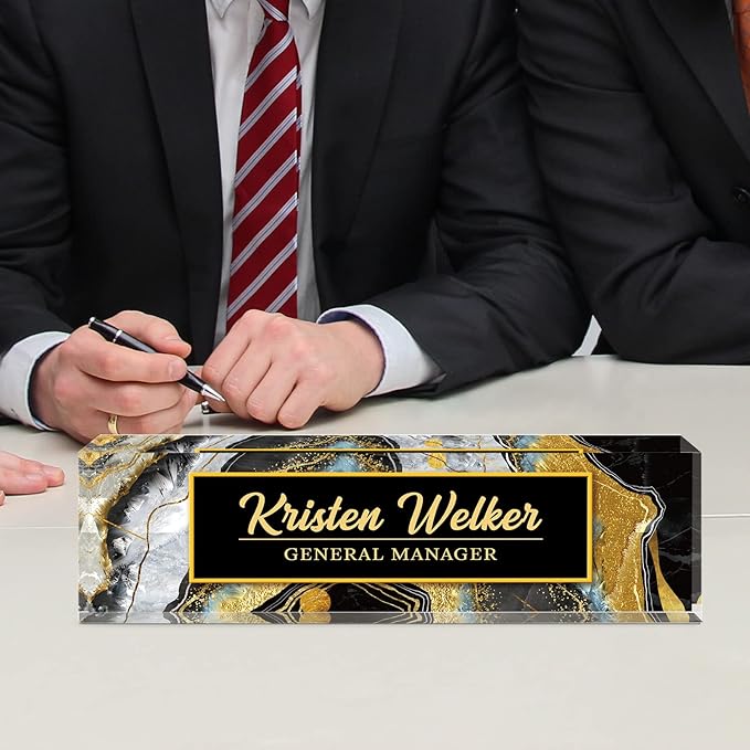 Personalized Name Plate, Custom Office Decor - Acrylic Desk Accessory, Office Gifts for Employees (Black Coast)