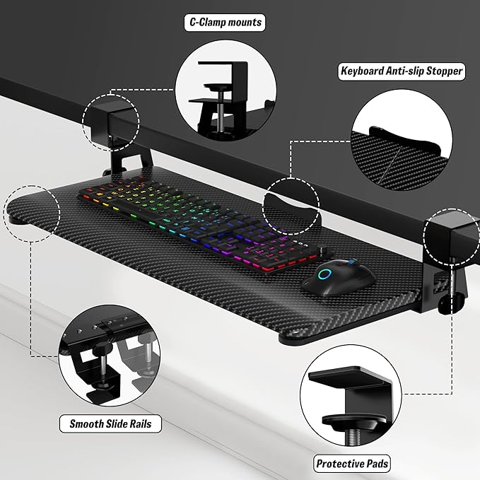 ERGOMAKER Keyboard Tray Under Desk, Pull Out Keyboard Tray with C Clamp Mount, 25.6" (29.7" Including Clamps) x 11.8" Slide-Out Computer Drawer for Typing, Keyboard & Mouse Tray, Black Carbon Fiber