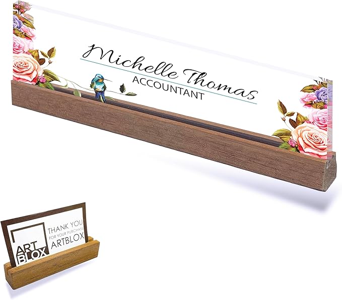 ARTBLOX | Office Personalized Name Plate Flower with Bird Design On Clear Acrylic Glass for Desk with Business Card Holder