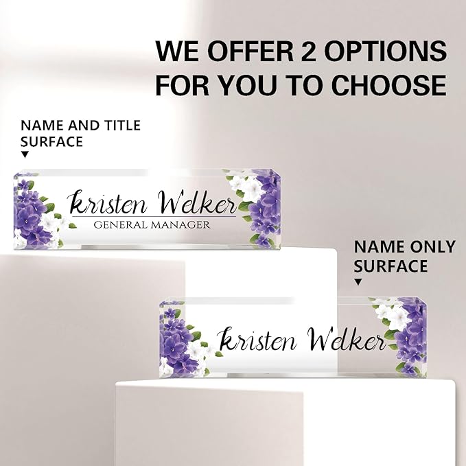 Custom Name Plate for Desk, Desk Name Plate Personalized, Office Decor for Women, Acrylic Desktop Accessories, Office Appreciation Gifts for Boss Social Workers Nurse Teacher Employee(Purple Flowers)