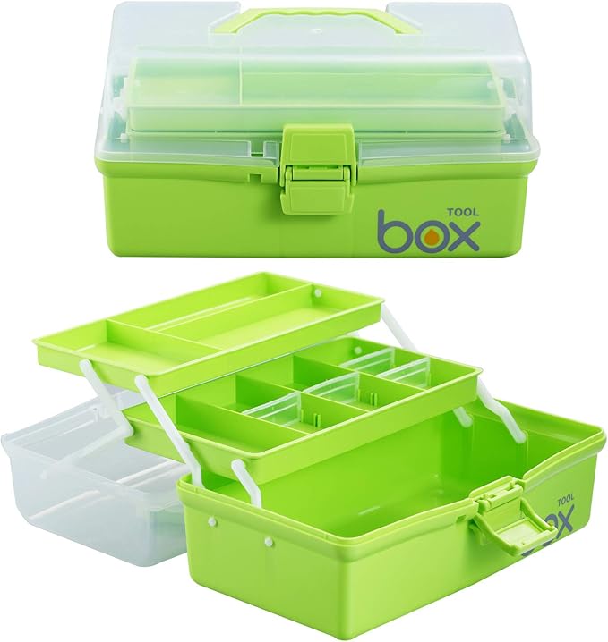 12'' Three-Layer Clear Plastic Storage Box/Tool Box, Multipurpose Organizer and Portable Handled Storage Case for Art Craft and Cosmetic (Green)