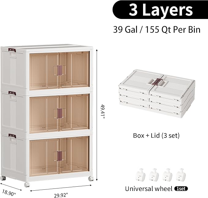 JOYWAVE 3 Tier Storage Bins with Lids,155QT Stackable Closet Organizers,Collapsible Plastic Bins,Storage Drawer,3 Pack Cubes
