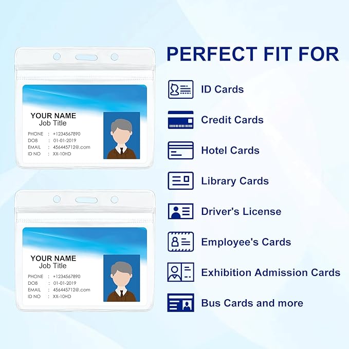 50 Pack ID Card Name Tag Badge Holders with Lanyards Blue Lanyards with Clear Horizontal Waterproof Name Badge ID Card Holders for Office School Travel (Blue)