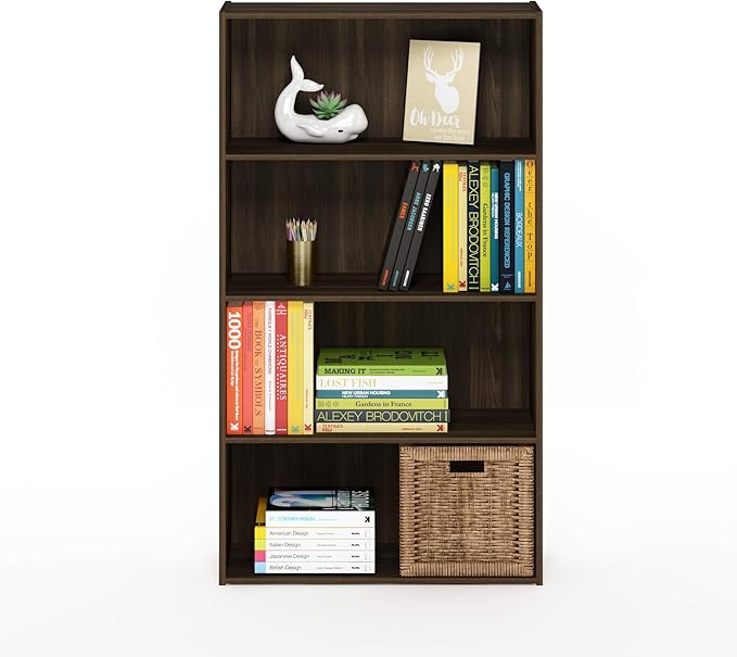 Furinno PASIR Book Shelf, 4-Tier Bookshelf, Bookcase with Open Shelf, 9.4 x 23.6 x 41.7, for Living Room, Bedroom, Home Office, Columbia Walnut