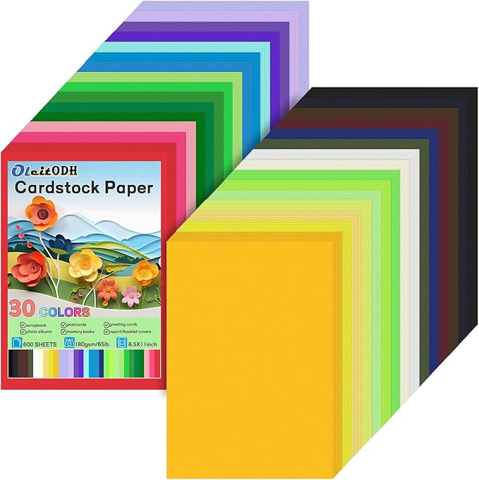 Oleitodh 600 Sheets Colored Paper 30 Colors, 8.5x11 Construction Paper Assorted Colors, 180gsm/65lb colored cardstock for Crafts, Printing, Card Making, Office, Cricut, Scrapbook