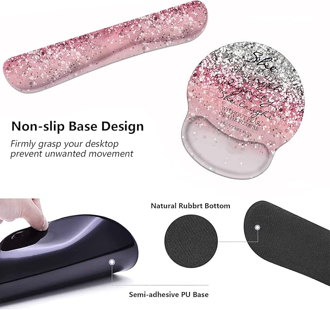 Keyboard Wrist Rest and Mouse Pad Wrist Support Set with Coasters, Non-Slip PU Base Ergonomic Gaming Mousepad for Home Office Working Studying Easy Typing & Pain Relief, Bible Verses Proverbs 31:25