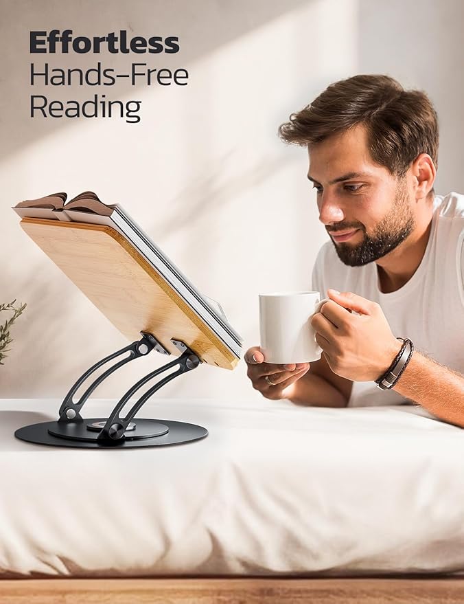 Nulaxy Bamboo 360 Rotating Book Stand for Reading, Adjustable Textbook Holder for Reading Hands-Free, Foldable Desktop Cookbook Stand with Protective Page Clips, Fits All Books - Gray