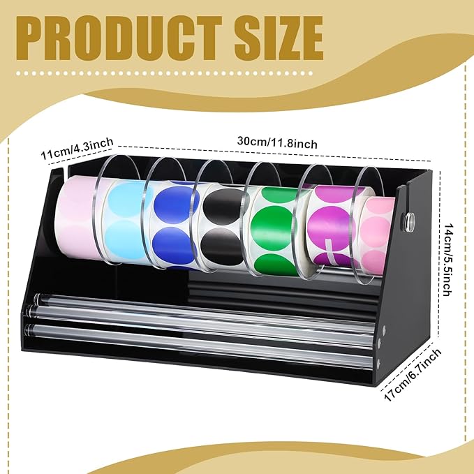 Adjustable Label Dispenser Acrylic Sticker Roll Dispenser Label Roll Holder Multi Use Sticker Holder Organizer Stand for School Gifts and Home Office Desktop(7 Disks)
