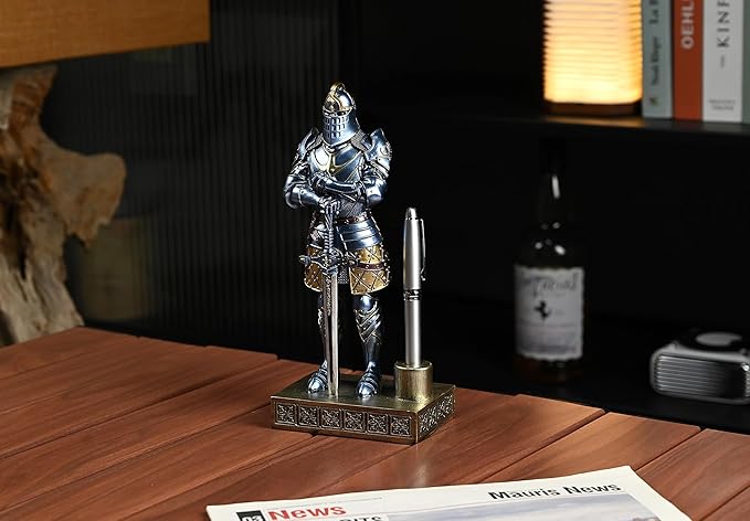 Knight Pen Stand Decoration Resin Pen Holder Art Craft Paperweight for Desktop Organizer Festival Gifts for Boyfriend Husband Dad Son(Blue)