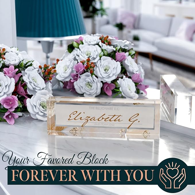 Desk Name Plate Personalized, Custom Name Plates 2½/x8 Inches, Thick Crystal-Clear Acrylic, Gift Box, Office Desk Decor. USA Made by ACRYLUXE (Monique)