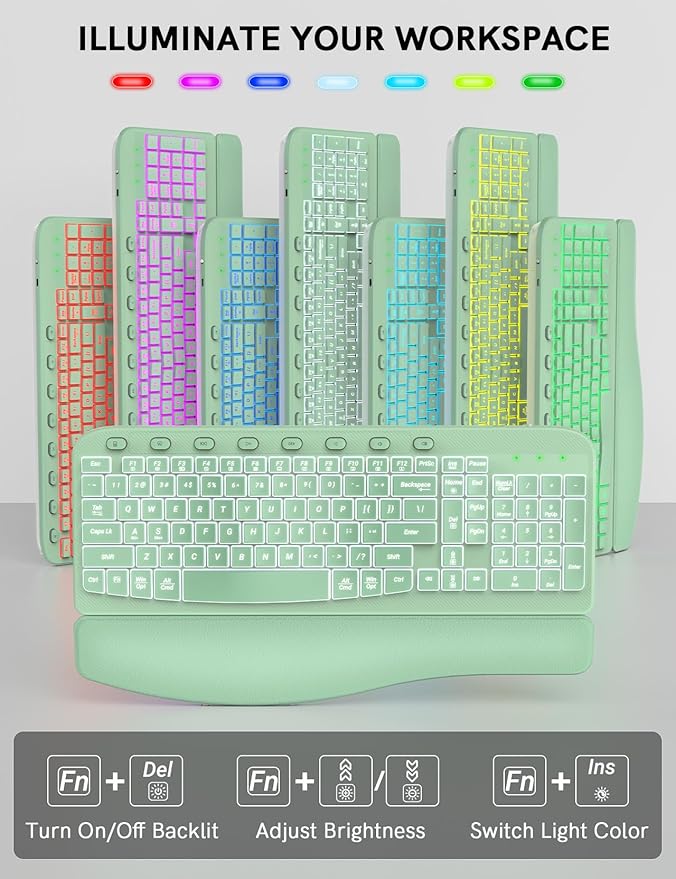 SABLUTE Ergonomic Wireless Keyboard and Mouse Combo - Wave Keyboard with Soft Leather Wrist Rest, Resistant Keys, RGB Backlit Rechargeable Set for PC/Mac/Chromebook (Green)