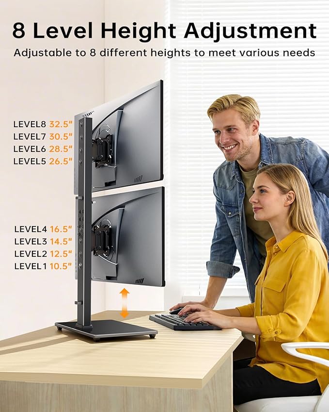 Dual Monitor Stand, FreeStanding Desk Stand for Two 13-32 inch Screens, Vertical Monitor Riser with Swivel, Tilt, Rotation, 4 Height Options, Holds One (1) Screen Up to 77Lbs, VESA 75x75mm/100x100mm