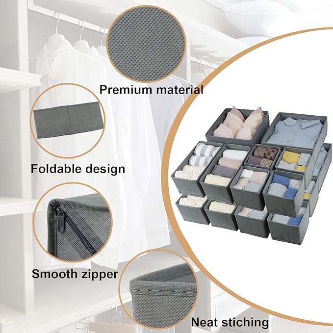 16 Pack Drawer Organizer Clothes, Foldable Fabric Dresser Organizer Closet Organizers and Storage Box for Underwear,Folded Clothes,Baby Clothing,Socks,Bra,Towels,Ties(Gray)
