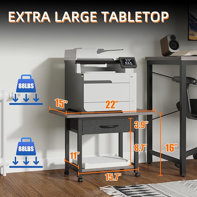 YAOHUOO 22"x15" Large Printer Stand with Storage Drawer, 2-Tier Under Desk Printer Table for Home Office, Printer Cart fit Fax Machine/3D Printer/Scanner(Gray)