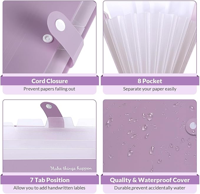 SKYDUE File Folder with Labels, Accordion File Organizer with 8 Pockets, Portable Document Organizer, A4 Letter Size, Paper Organizer for Office, Purple