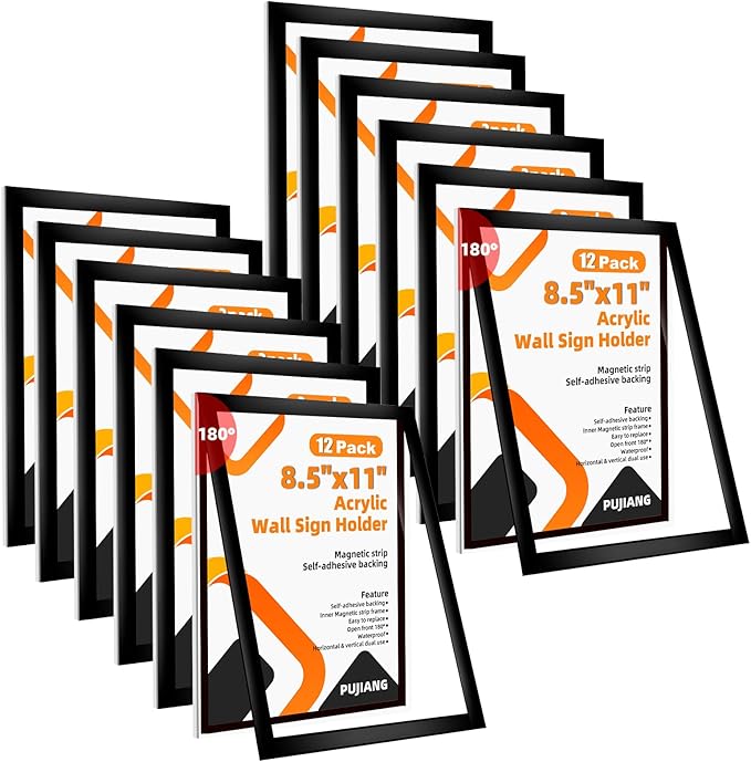 12 Pack 8.5x11 Acrylic Sign Holder Wall Mount with Framed Border, Peel & Stick Adhesive & 180° Flip Design - Single-Sided Clear Plastic Display for Menu, Poster, Flyer (Horizontal/Vertical) - Office, Home, Restaurant,No Drilling