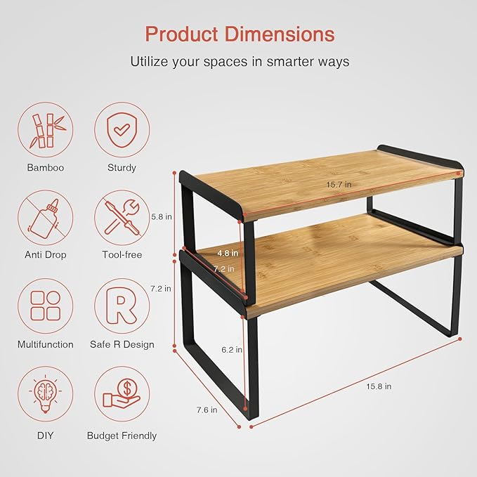 Kitchen Cabinet Organizer Shelf Set of 4, Stackable Pantry Cupboard Countertop Storage and Organizer, Desk Shelf Riser, Spice Plate Cup Expandable Storage Rack,(Black Bamboo) Large