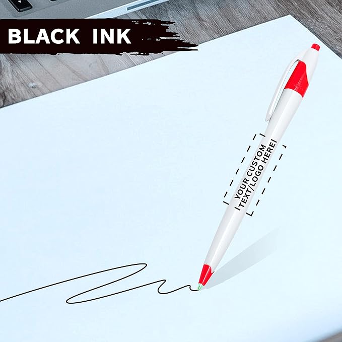 DISCOUNT PROMOS Custom Slim Curvy Ballpoint Pens Set of 50, Personalized Bulk Pack - Black Ink, Retractable, Great for Office, School, Tradeshows - Red