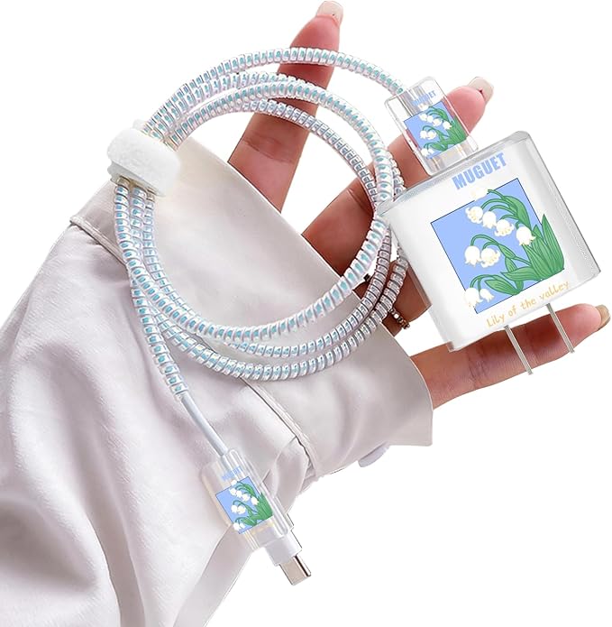 Lovely DIY Cable Protector for iPhone 18W/20W Charger,Cute Muguet Flowers Design Transparent Data Line Cable Saver, Phone Charging Protector for Apple Charger Case