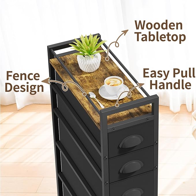 LASZOLA 5 Drawer Narrow Dresser Slim Cabinet Skinny Storage Tower Chest, Ideal for Small Spaces Bathroom Bedroom, Between Washer and Dryer, Lightweight Mobile on Wheels, Sturdy Fabric Drawers, Black